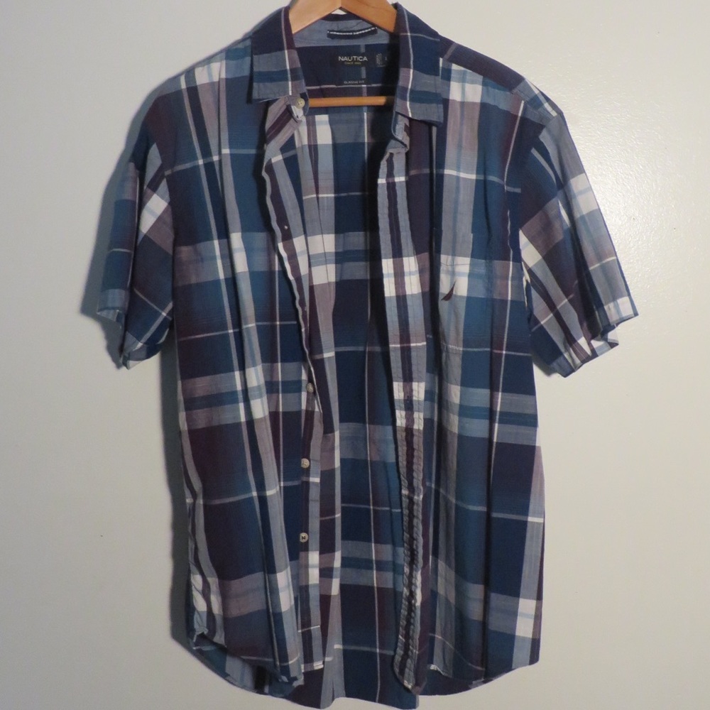 LARGE Nautical Short Sleeve Collared Dress Shirt